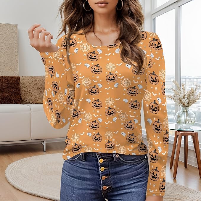 domirica Halloween Sweatshirts For Women Cute Pullover Fall Long Sleeve Pullover U-Neck Halloween Crazy Party Club Clothes