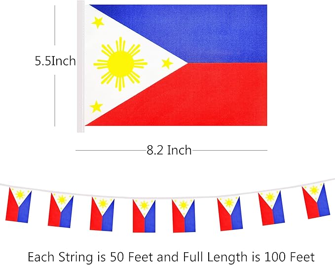 Yamiuo 100 Ft Philippine String Flag - 76 Pcs Mini Banner Flags for Sports, Bars, School Festivals & Parties