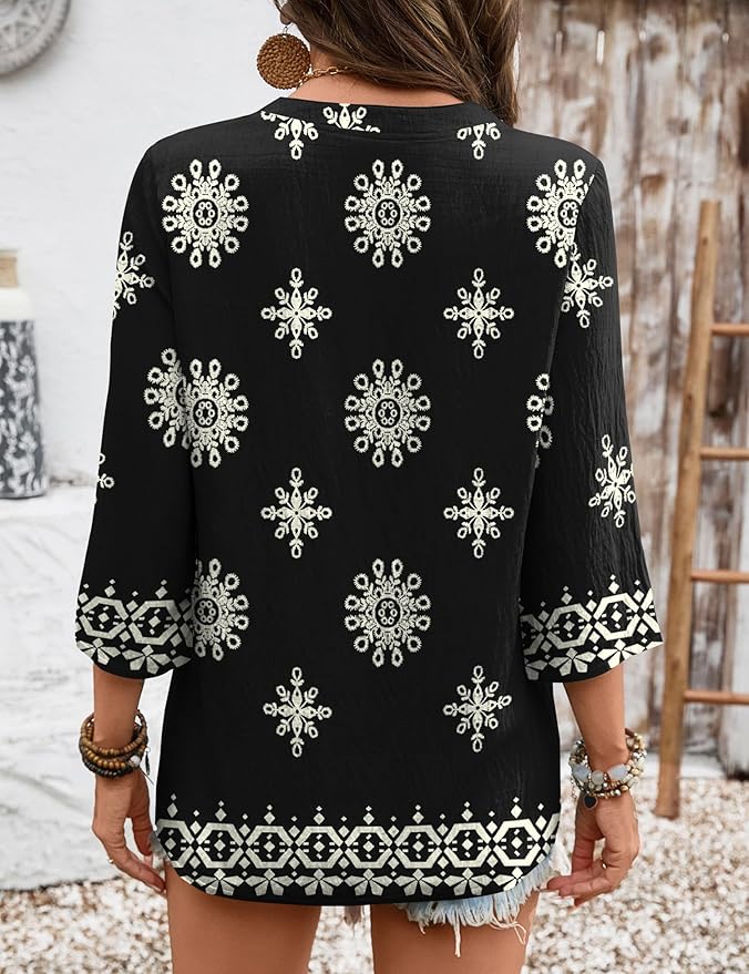 Rapbin Womens 3/4 Sleeve V Neck Floral Print Pleated Blouses for Women Dressy Casual Loose Fit Tops