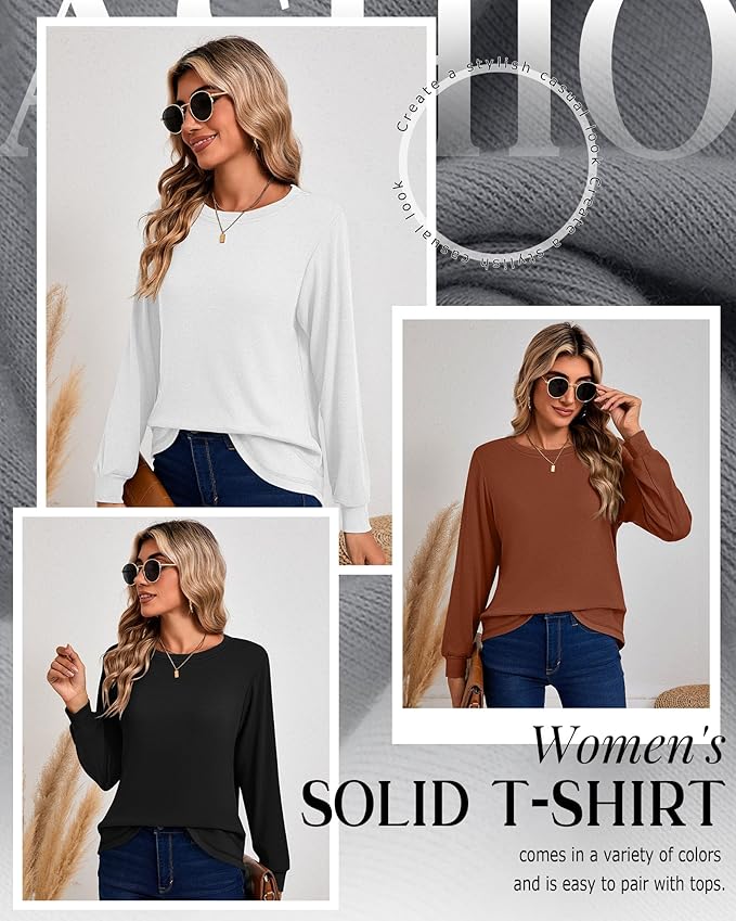 Ficerd 3 Pack Women's Long Sleeve Shirts, Cotton Crew Neck Tunic Tops Casual Loose Fit Pullover Sweatshirts Curved Hem Shirts