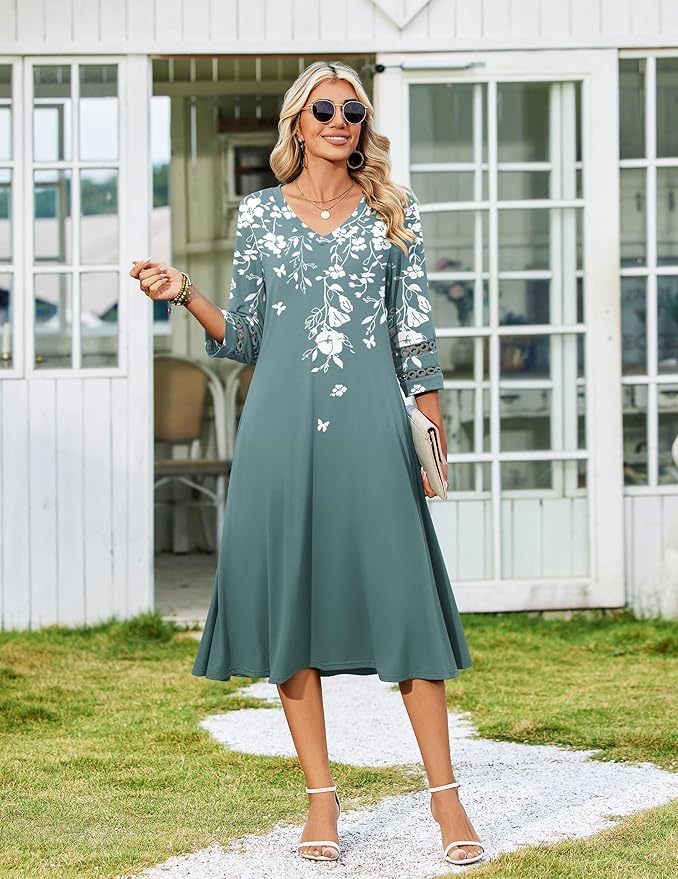 Zeagoo Women's Dresses 3/4 Sleeve Summer Casual V-Neck A Line Flowy Eyelet Midi Dress for Women Beach Vacation Sundress