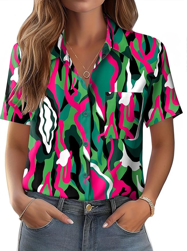 Zeagoo Womens Button Down Shirt Bust Pocket Short Sleeve Blouses Business Casual Work Tops Summer Outfits