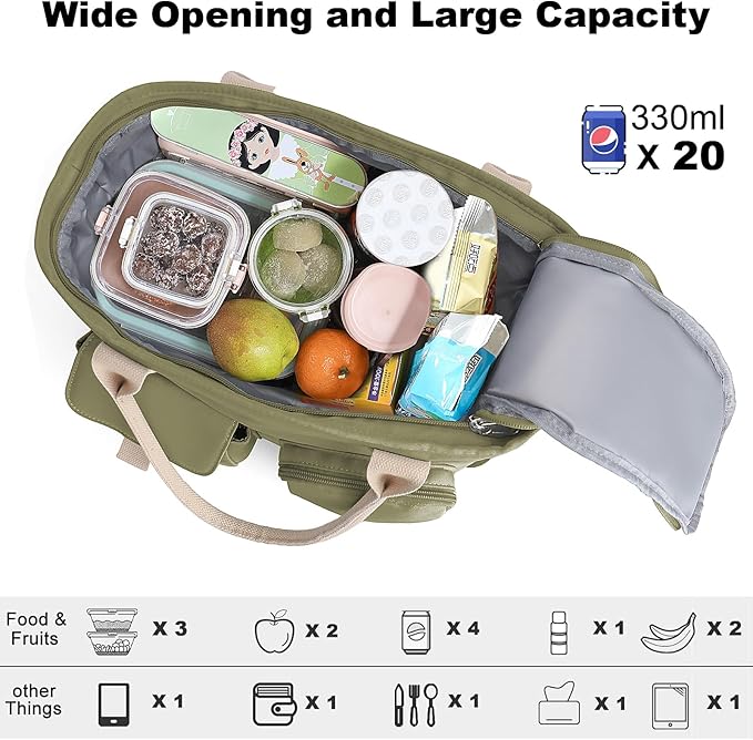 Hafmall Insulated Lunch Bag for Adults,Big lunch box for men, Wide Opening Insulated Bag with Shoulder Strap, Reusable Adult Lunch Bag For Work, Picnic(Deep Greene)