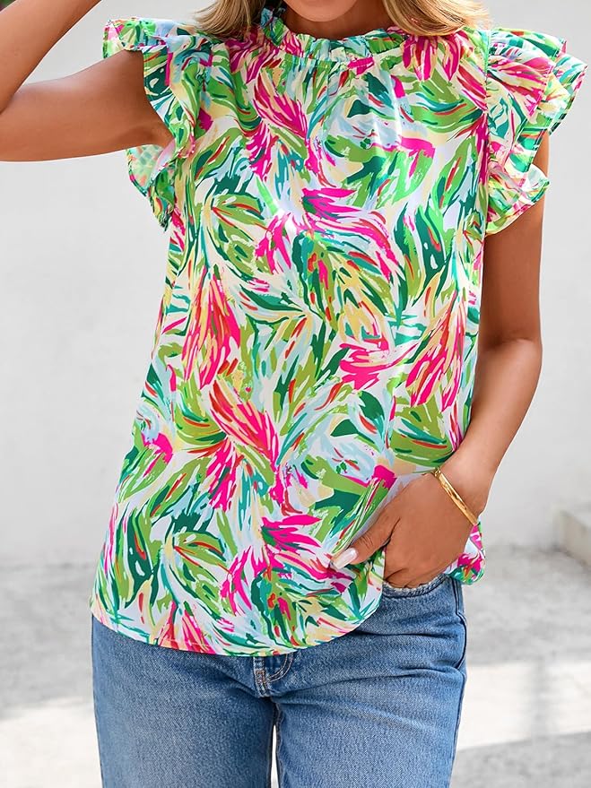 PRETTYGARDEN Women's Ruffle Short Sleeve Summer Tops 2026 Trendy Floral Trim Neck Casual Dressy Chiffon Boho Blouses Shirts