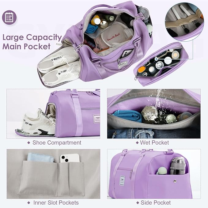 FIORETTO Womens Gym Tote Duffle Bag with Toiletry Bag, Sports Duffel Overnight Hospital Workout Carry on Bag for Girls with Wet Pocket & Shoe Compartment, Ideal for Travel, Swimming, Dance Purple