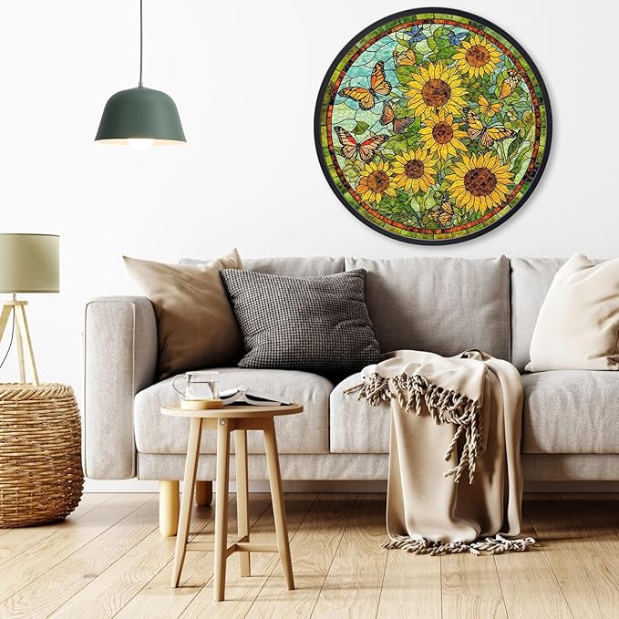 Naturelish Sunflower Stained Glass Puzzles Jigsaw for Adults 1000 Pieces, Brain Challenging Puzzle for Game Night, Family, Friends, Round Puzzles Diameter 25.6 in