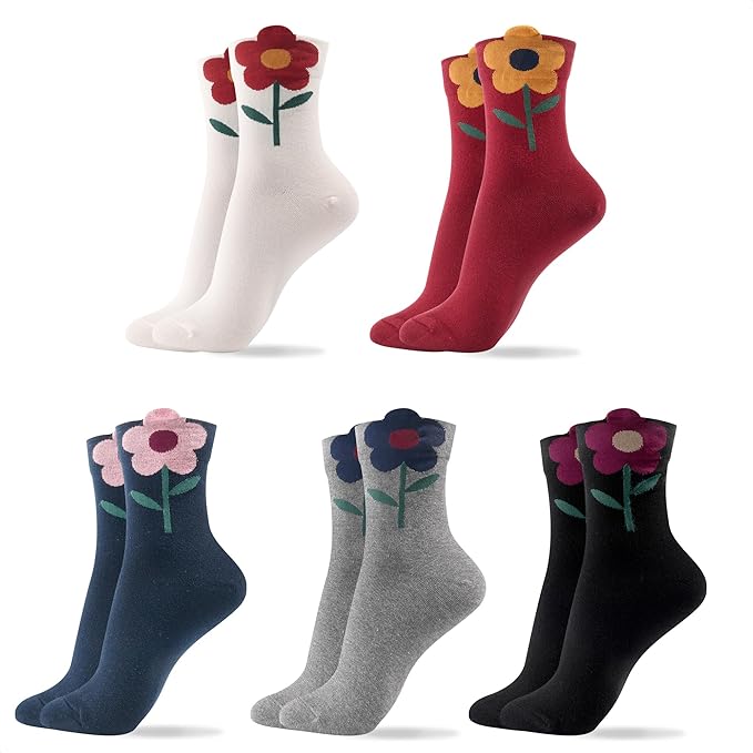 Kikiya Women's Cotton Crew Socks - Cute Flower Graphic Polka Dot Striped Heart Patterned - Ladies Girls Casual Socks Size 6-8