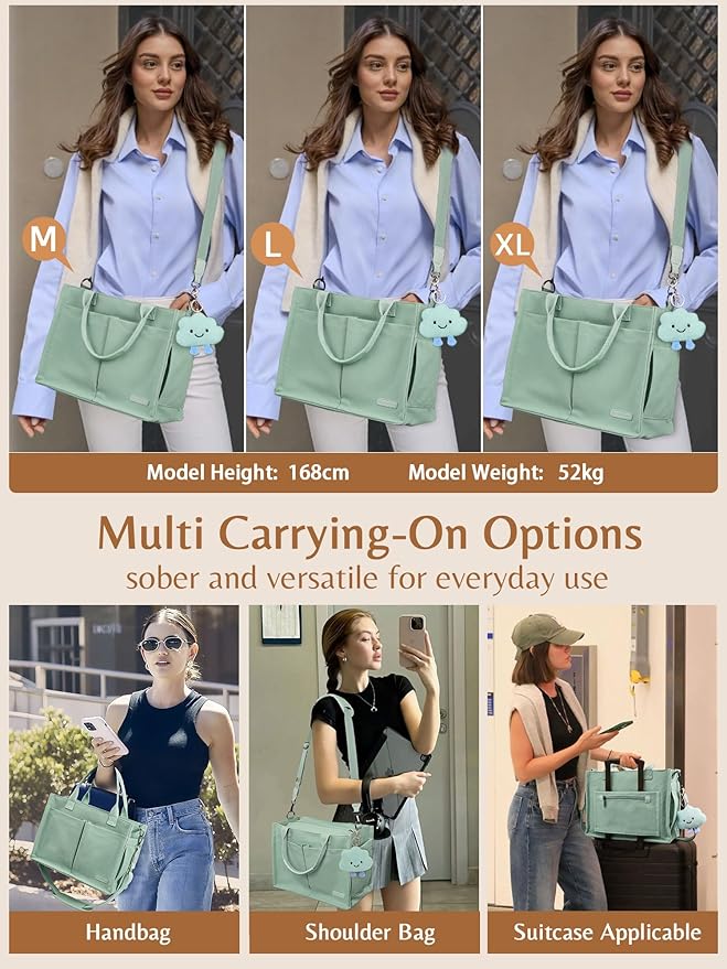 BESBESME Canvas Tote Bag for Women with Zipper & Compartments– Large Work & College Laptop Tote Crossbody Shoulder Bag
