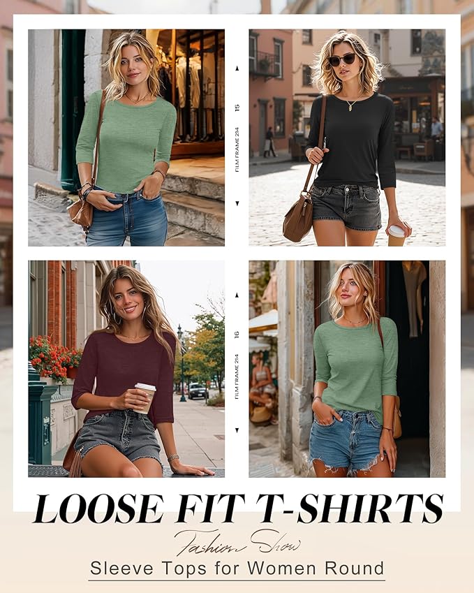 Ficerd 3 Pack 3/4 Sleeve Tops for Women Round Neck Dressy Basics Tees Casual Trendy Loose Fit T Shirts