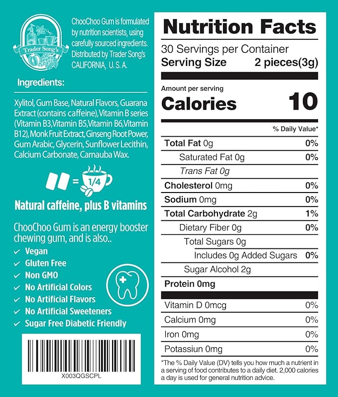 100% Xylitol Vitamin Gum | Sugar-Free, Natural Peppermint for Fresh Breath | Energy Booster, Low Dose Caffeine for sensitive individuals | B Complex, Ginseng | NO Aspartame / Sorbitol / Sucralose | NO Artificial Flavors / Colors | 60 Count