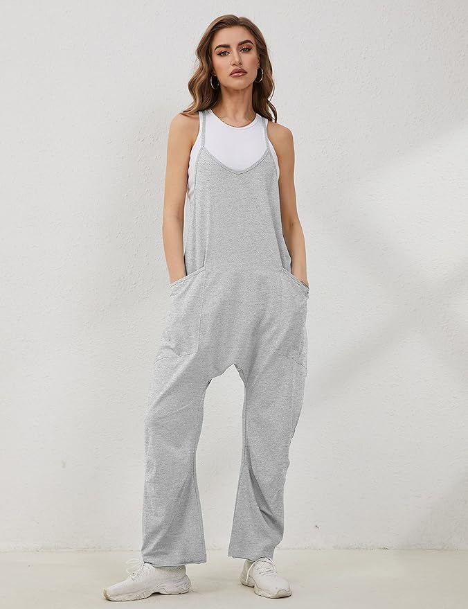 Lentta Women's Causal Jumpsuits V Neck Sleeveless Harem Overalls Stretchy Adjustable Strap Romper with Pockets