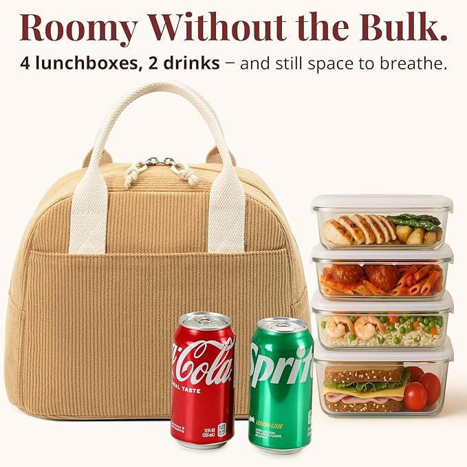 Insulated Lunch Bag for Women Men, Stylish Corduroy Tote Bag with Aluminum Lining, Large Capacity Reusable Cooler for Work, Travel, or Beach, Camel Brown Lunch Box