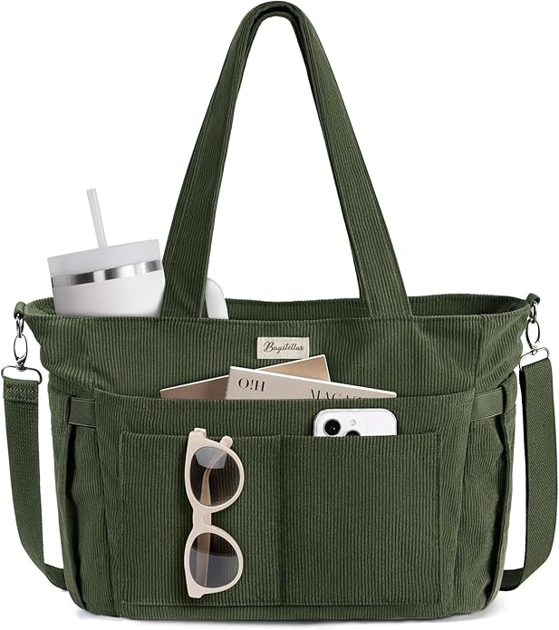 Corduroy Tote Bag for Women, 17 Pockets Laptop Work Tote Lightweight Teacher Nurse Bible Shoulder Bag for School Daily Travel