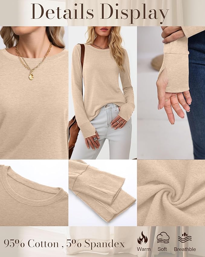 Huukeay 3 Pack Women's Long Sleeve Shirts with Thumb Holes, Cotton Casual Crew Neck Tunic Tops Fall Loose Y2k Trendy Outfits