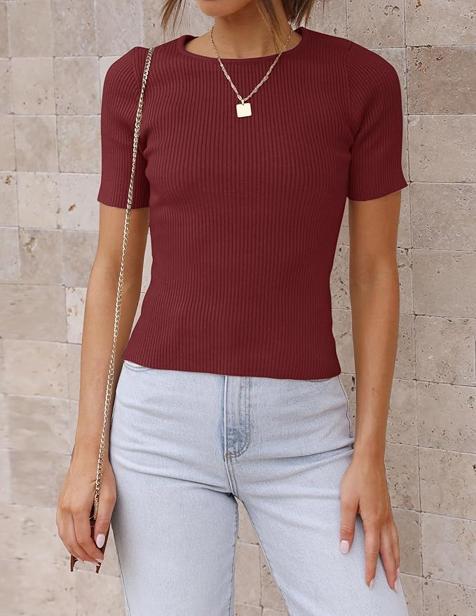 ZESICA Women's Short Sleeve Sweater Tops 2026 Summer Crewneck T Shirt Ribbed Knit Slim Fit Basic Solid Color Tee
