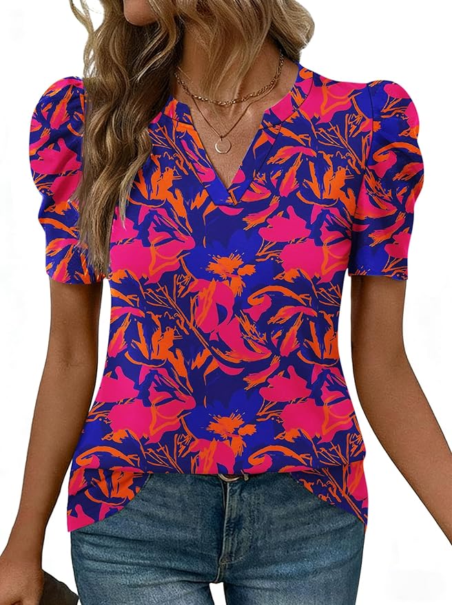 Lomon Spring Summer Tops for Women 2026 V Neck Puff Short Sleeve Tops Fashion Trendy Work Blouses Dressy Casual S-XXL
