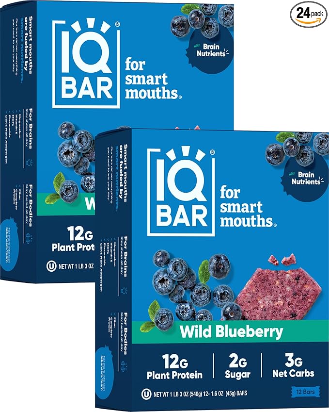 IQBAR Brain and Body Plant Protein Bars - Wild Blueberry - 24-Count - Keto, Vegan, Low Carb, High Fiber, Gluten Free, Dairy Free, Low Sugar Snack with Nutrients for Focus, Energy, Meal Replacement
