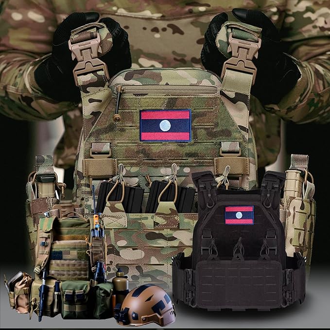 EmWoot 2PCS Laos Flag Patch Embroidered Morale Patch Military Tactical Patches Hook and Loop