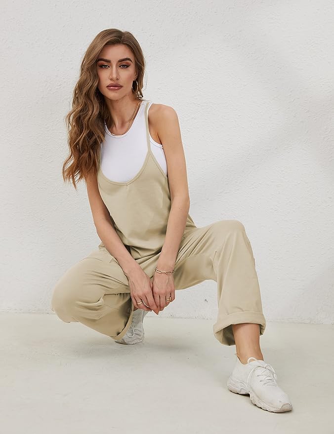 Lentta Women's Causal Jumpsuits V Neck Sleeveless Harem Overalls Stretchy Adjustable Strap Romper with Pockets