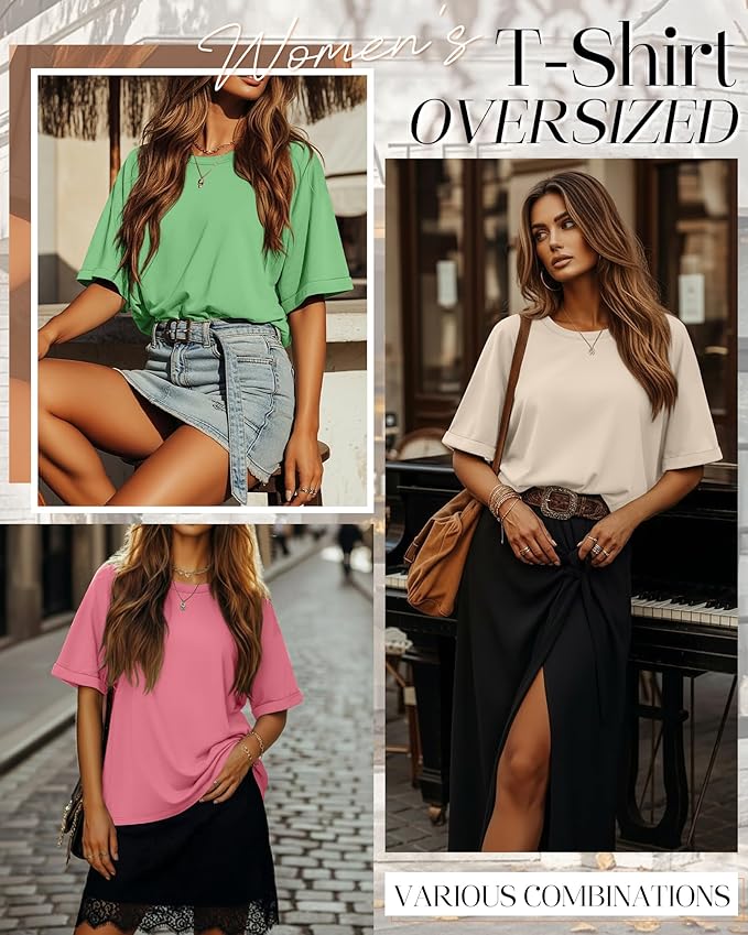 Riyiper 3 Pack Women's Oversized T-Shirt Half Sleeve Summer Tees Casual Loose Fit Crew Neck Basic Tops