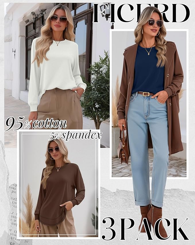 Ficerd 3 Pack Women's Long Sleeve Shirts, Cotton Crew Neck Tunic Tops Casual Loose Fit Pullover Sweatshirts Curved Hem Shirts