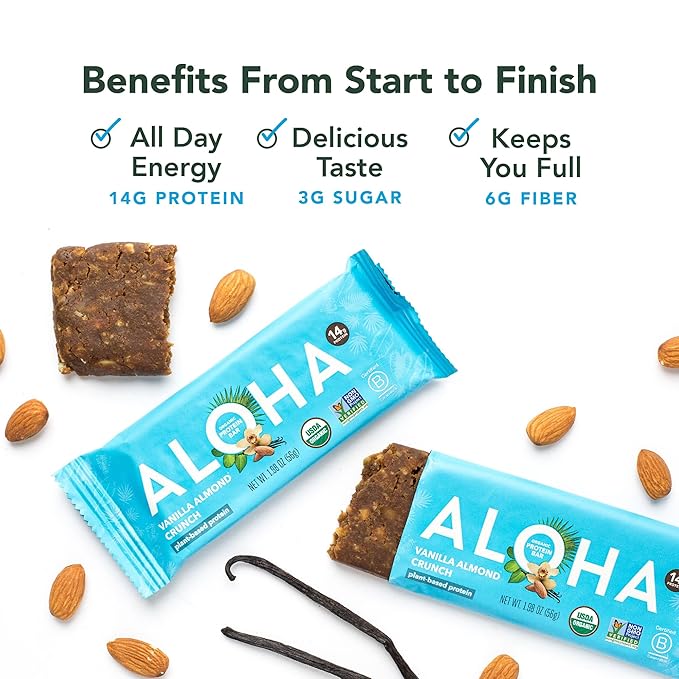 ALOHA Organic Plant Based Protein Bars, Vanilla Almond Crunch, 1.98-Ounce Bars, (Pack of 12)