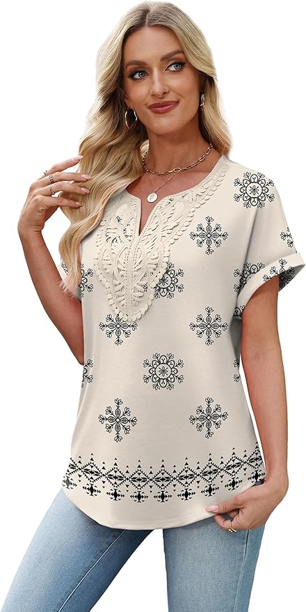 Sipaya Womens Blouses Dressy Casual Summer Shirts Short Sleeve Lace Front Boho Tunic Tops for Leggings Fashion Clothes