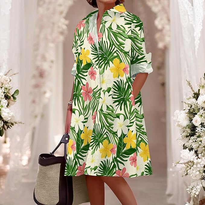 Shirt Dresses for Women 2025 Summer Long Sleeve Casual Plus Size Floral Printed Beach Vacation Dress with Pockets