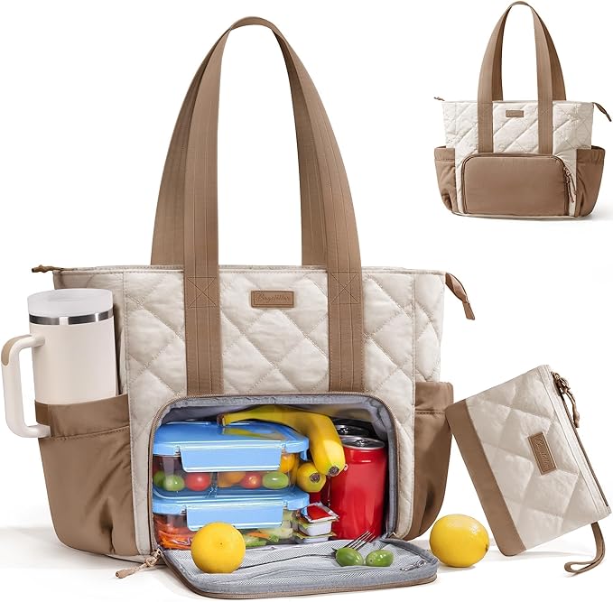Puffer Lunch Tote Bag for Women, 15.6 Inch Laptop Work Bag with Insulated Lunch Compartment & Large Cup Holder, Lightweight Quilted Puffy Lunch Box Purse for Teacher Nurse Travel Office Daily School