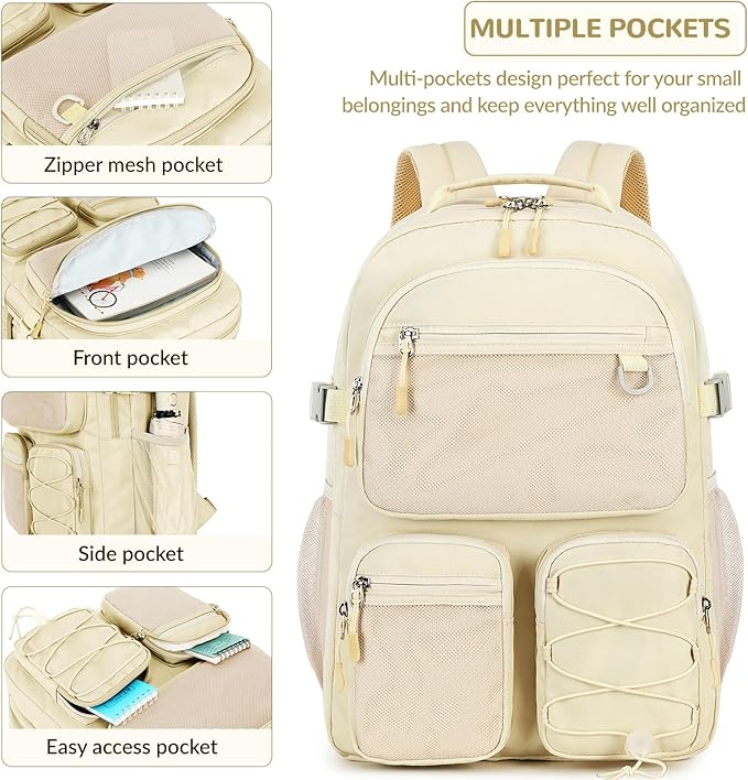 Lohol Water Resistant Backpack with Mulitiple Pockets for Travel Outdoor College, 15.6 inch Laptop Bookbag for Girl and Women (Beige)