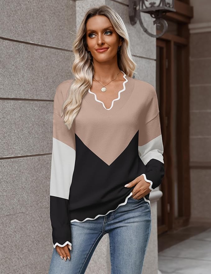 Zeagoo Women's 2026 Fall V Neck Sweater Casual Long Sleeve Lightweight Ribbed Knit Pullover Sweaters Dressy Casual Tops