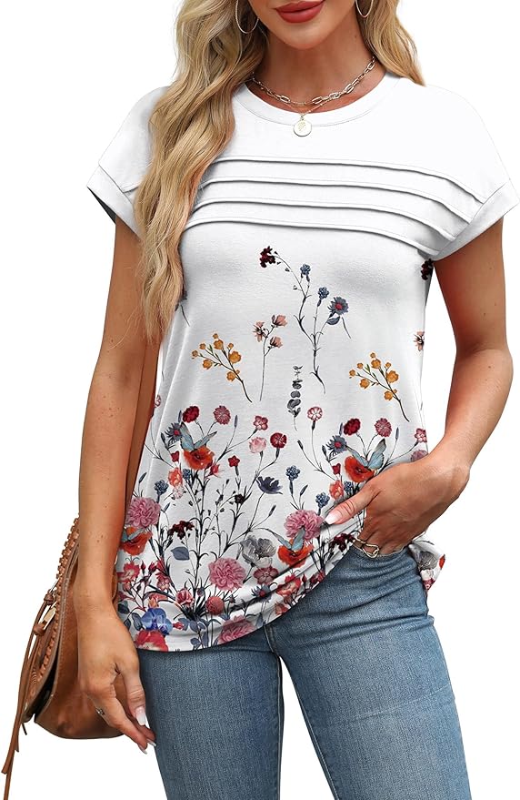 WEESO Womens Summer Tops Trendy 2026 Cap Sleeve T Shirts Crew Neck Pleated Front Beach Vacation Clothes Fashion