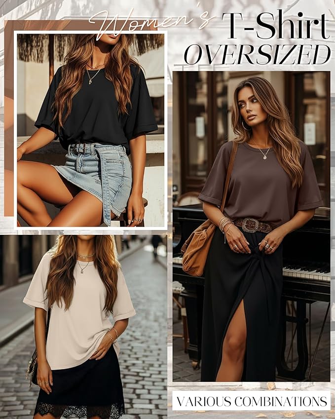 Riyiper 3 Pack Women's Oversized T-Shirt Half Sleeve Summer Tees Casual Loose Fit Crew Neck Basic Tops