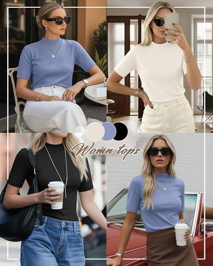 Ficerd 3 Pack Women's 1/2 Sleeve Mock Turtleneck Shirts, Elbow Length Shirt Half Sleeve Tunic Top Casual Summer Basic Tees