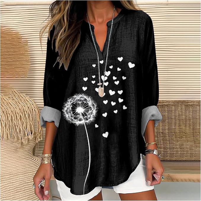 MARSVOVO V Neck Shirt For Women Boho Multi Style Blouse Long Sleeve Novelty Graphic Plus Size Pullover Tops For Women