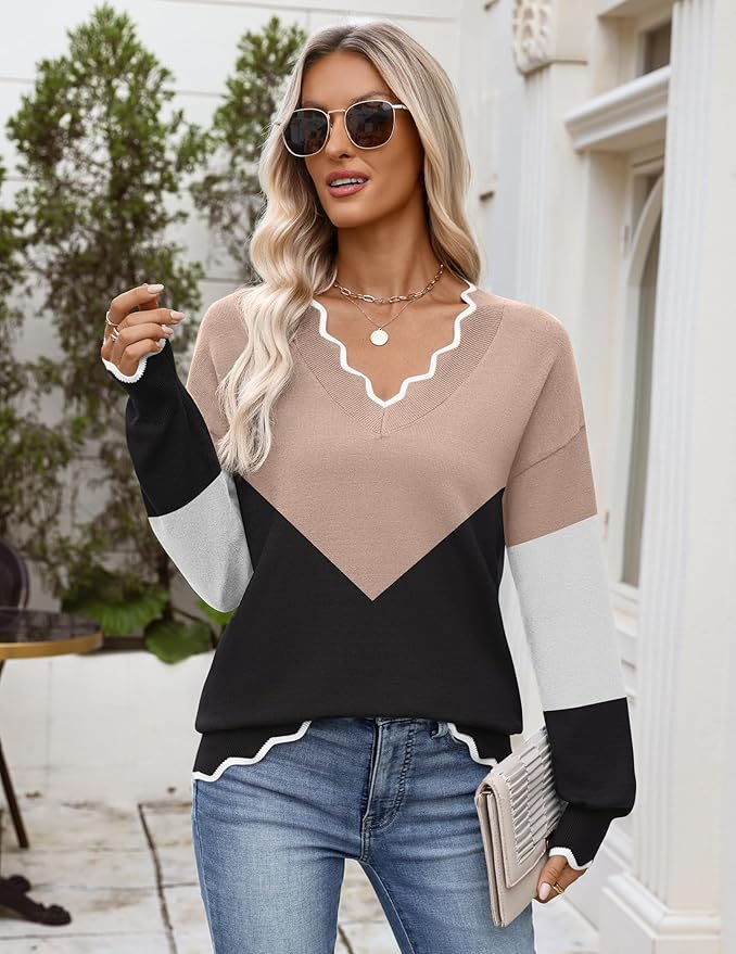 Zeagoo Women's 2026 Fall V Neck Sweater Casual Long Sleeve Lightweight Ribbed Knit Pullover Sweaters Dressy Casual Tops