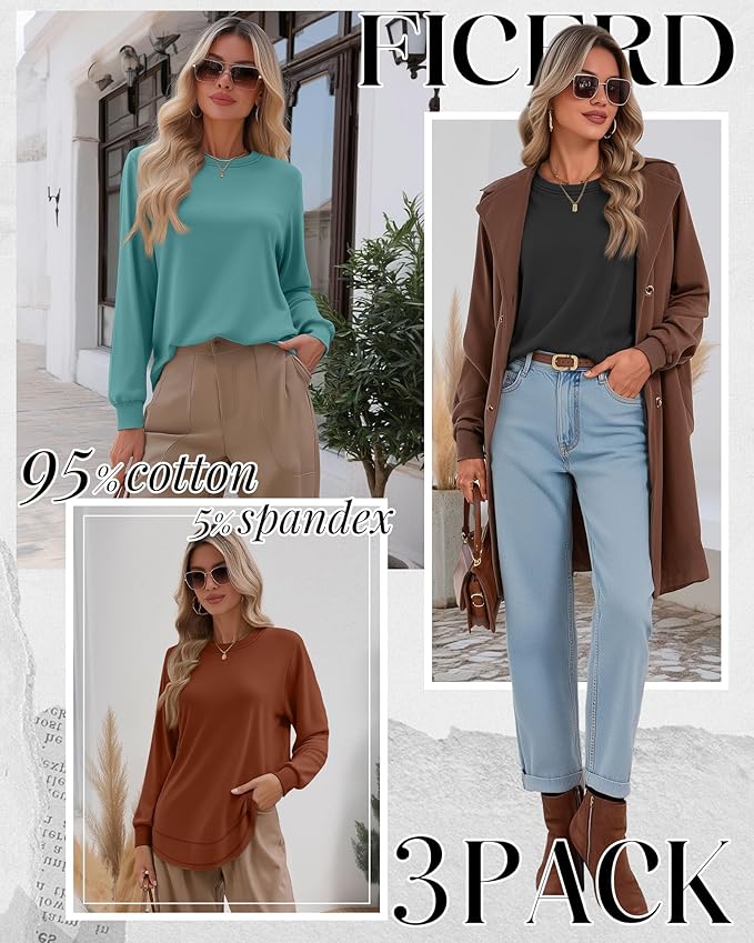 Ficerd 3 Pack Women's Long Sleeve Shirts, Cotton Crew Neck Tunic Tops Casual Loose Fit Pullover Sweatshirts Curved Hem Shirts