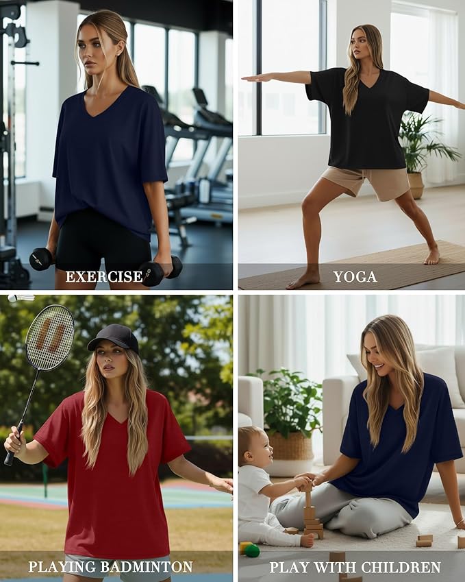 Huukeay Women's Cotton Oversized T Shirts 3 Pack V Neck Loose Fit Half Sleeve Tops Baggy Casual Summer Gym Workout Tees 2026
