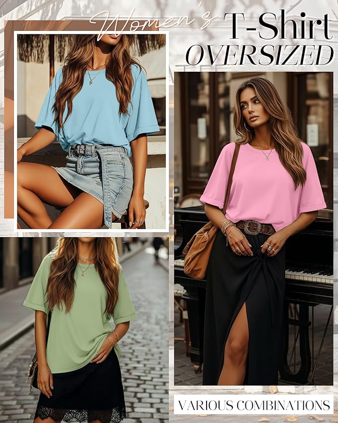 Riyiper 3 Pack Women's Oversized T-Shirt Half Sleeve Summer Tees Casual Loose Fit Crew Neck Basic Tops