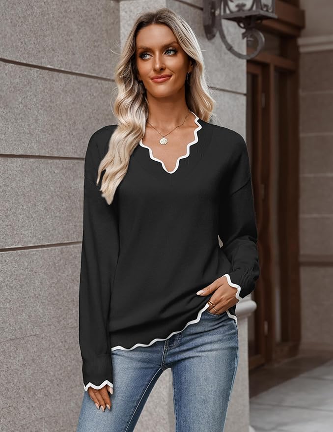 Zeagoo Women's 2026 Fall V Neck Sweater Casual Long Sleeve Lightweight Ribbed Knit Pullover Sweaters Dressy Casual Tops