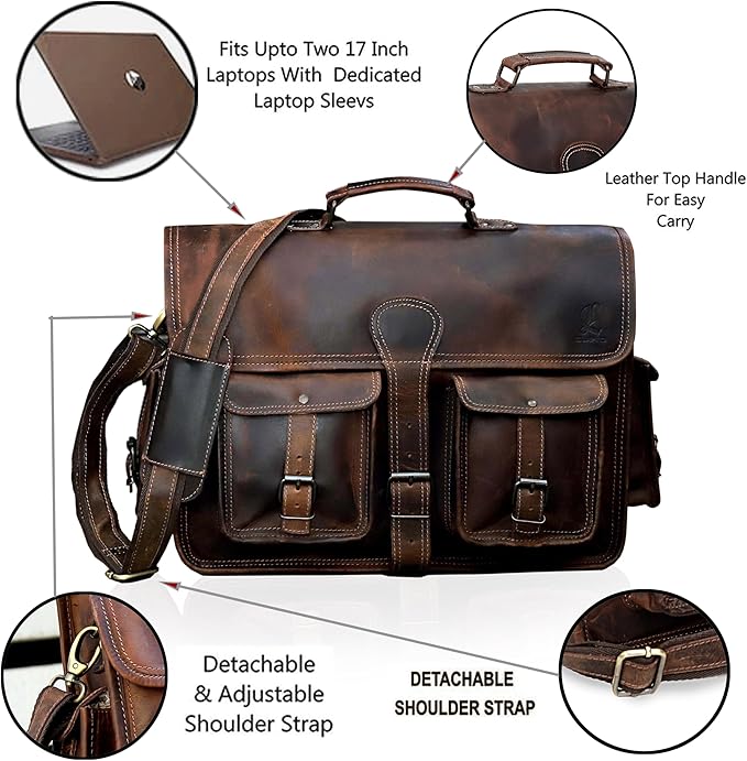 Leather Briefcase Work Bag for Men Women Dark Brown Crossbody Genuine Leather Satchel Office Bag for Men Women 18 Inch Computer Travel Messenger Laptop Shoulder Bag Cureo