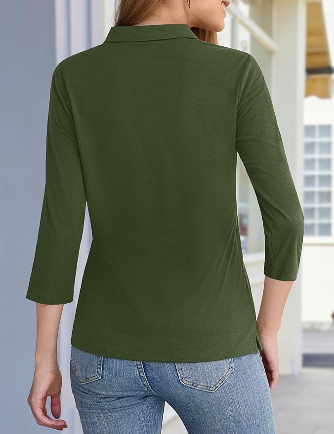 YUCOLEN Polo Shirts for Women 3/4 Sleeve Tops Golf Tees 5-Button Collared Cotton Shirt Business Casual