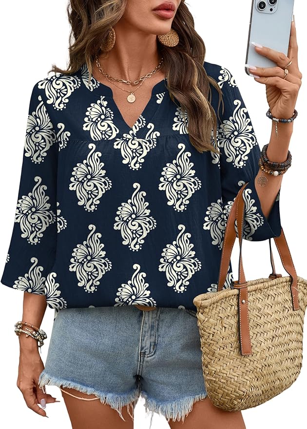 Rapbin Womens 3/4 Sleeve V Neck Floral Print Pleated Blouses for Women Dressy Casual Loose Fit Tops