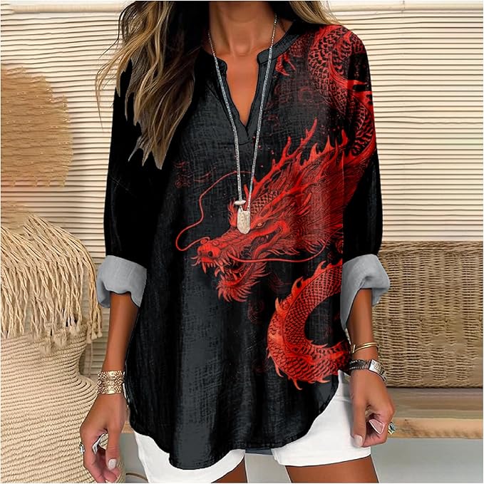 MARSVOVO V Neck Shirt For Women Boho Multi Style Blouse Long Sleeve Novelty Graphic Plus Size Pullover Tops For Women