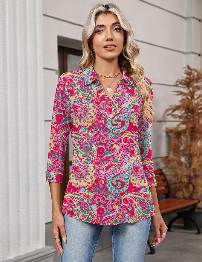LOMON 3/4 Length Sleeve Womens Tops 2026 Spring Summer Collared Polo Shirts V Neck Casual Basic Polos Tees Shirt