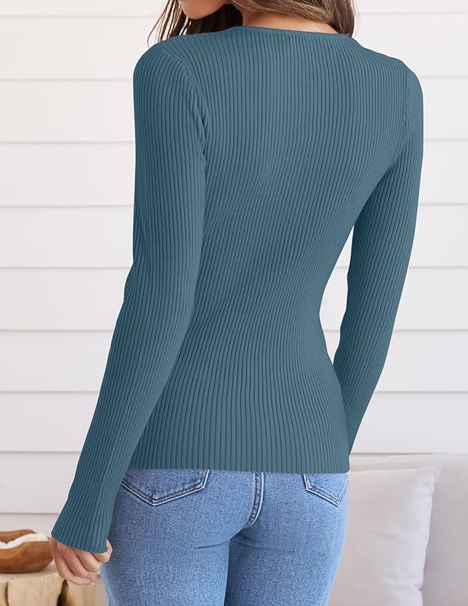 ZESICA Women's Long Sleeve Crewneck Shirts 2026 Fall Ribbed Knit Sweater Slim Fitted Casual Basic Tee Tops