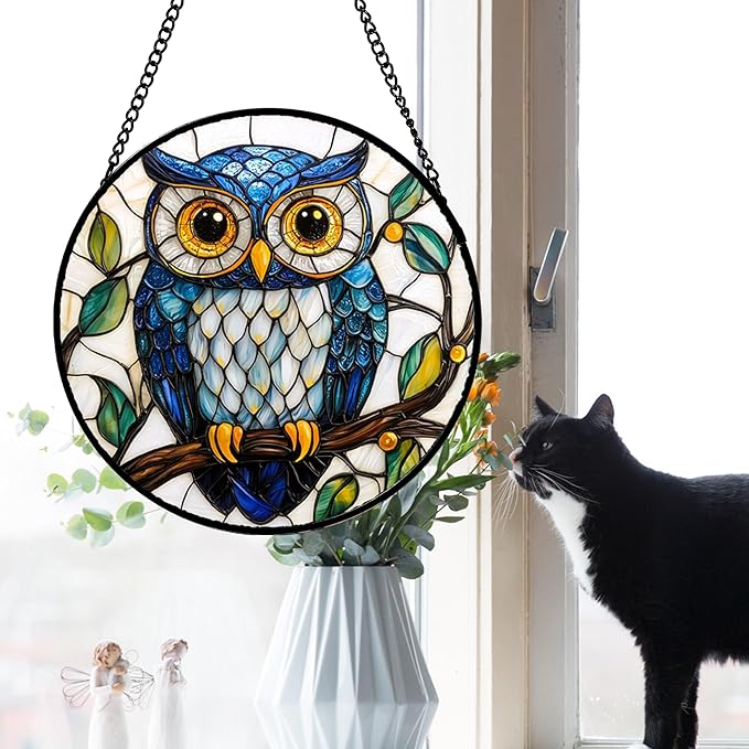 Stained Glass Window Hanging, Owl Gifts for Women Sun Catchers Diamond Glass Panel Hangings Birds Suncatcher Decor for Birthday for Women, Men, Wife, Aunt, and Mom 14.9x14.9 in