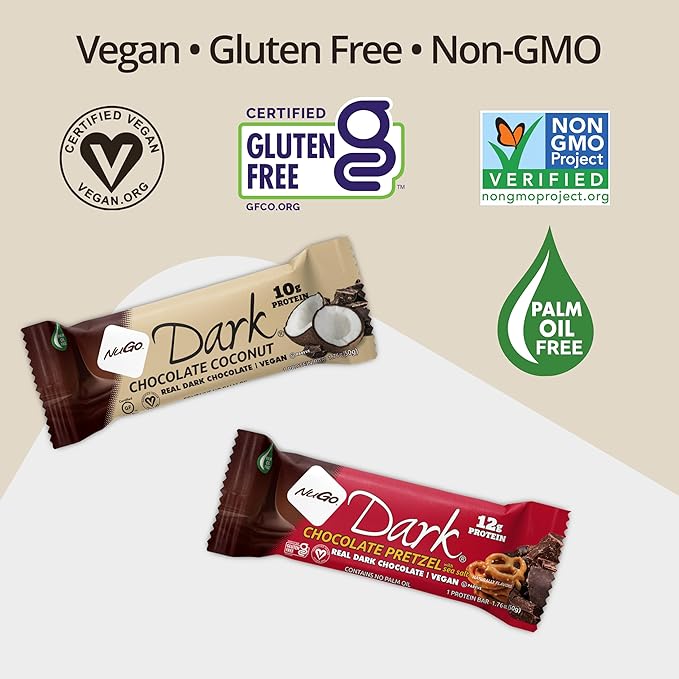 NuGo Dark Chocolate Coconut, 10g Protein Bar, Vegan, Gluten Free, Non-GMO, Kosher Pareve, 12 Count