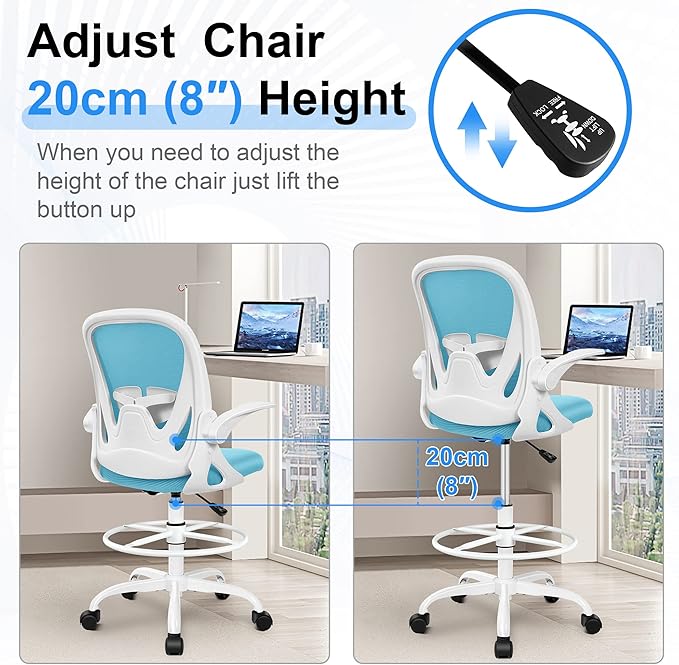 Primy Drafting Chair Tall Office Chair with Flip-up Armrests Executive Ergonomic Computer Standing Desk Chair with Lumbar Support and Adjustable Footrest Ring（Blue）