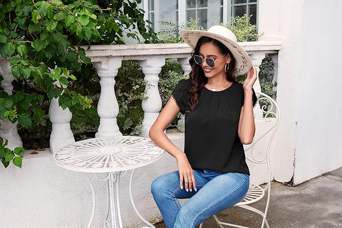 TASAMO Women's Casual Round Neck Basic Pleated Top Cap Sleeve Curved Keyhole Back Chiffon Blouse